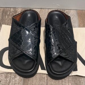 Ganni Black Faux Croc Embossed Slides
